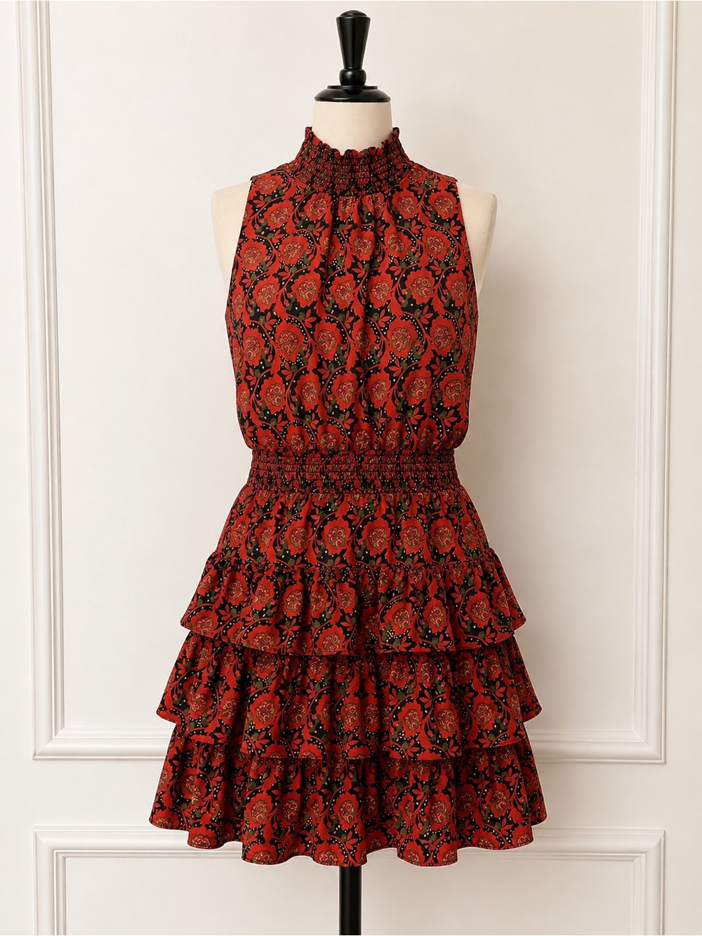 Red Floral Smocked Tiered Mini Dress with High Neck